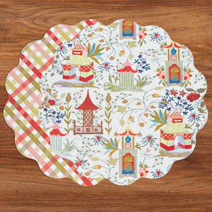 VIDA Pagoda and Carlie Plaid Reversible 15.5 Round Placemats Set of 4 Red and Orange