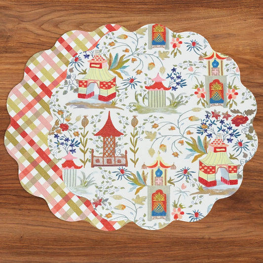 VIDA Pagoda and Carlie Plaid Reversible 15.5 Round Placemats Set of 4 Red and Orange