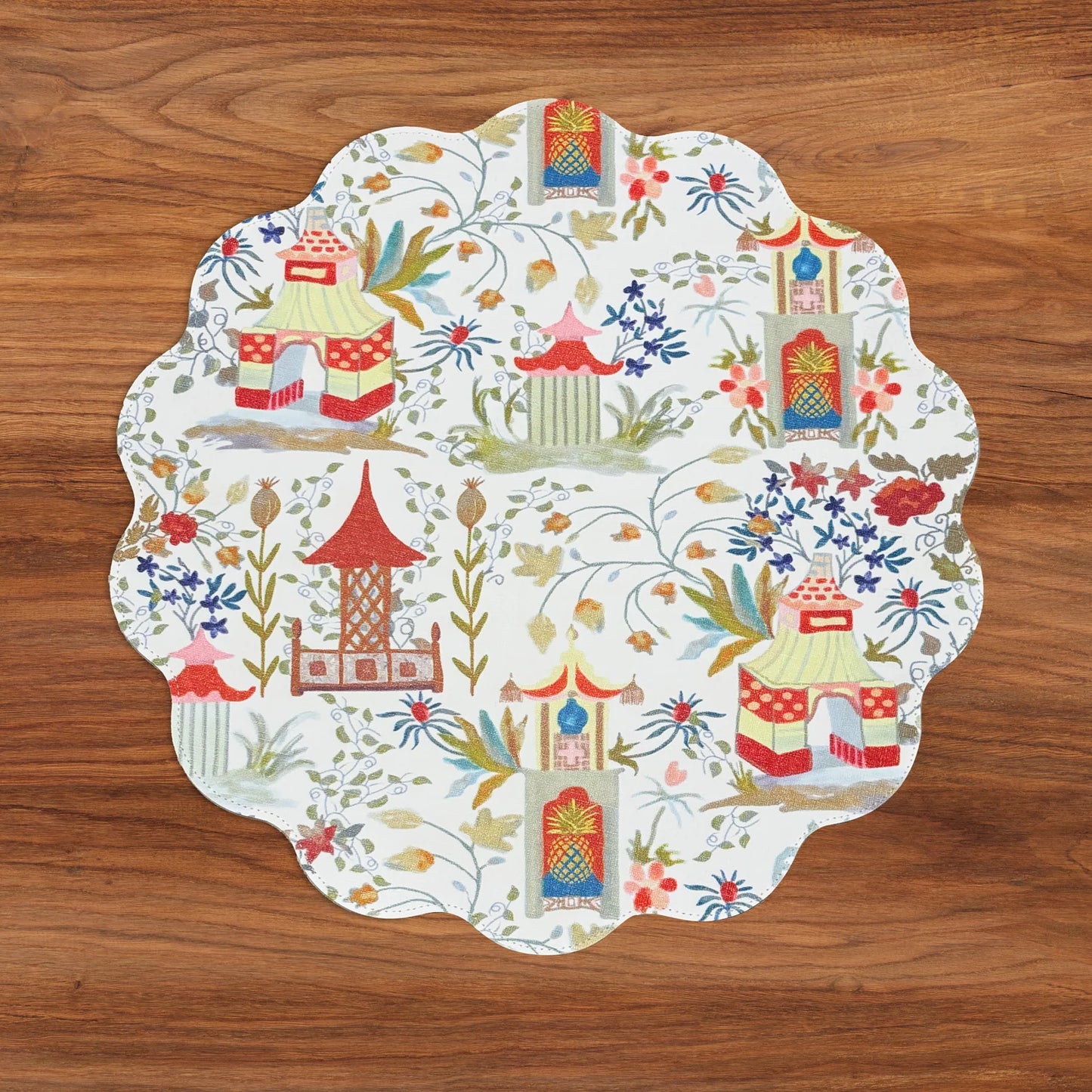VIDA Pagoda and Carlie Plaid Reversible 15.5 Round Placemats Set of 4 Red and Orange
