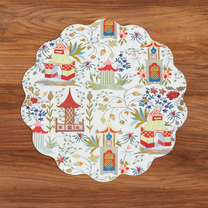 VIDA Pagoda and Carlie Plaid Reversible 15.5 Round Placemats Set of 4 Red and Orange