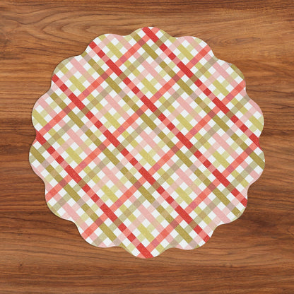 VIDA Pagoda and Carlie Plaid Reversible 15.5 Round Placemats Set of 4 Red and Orange