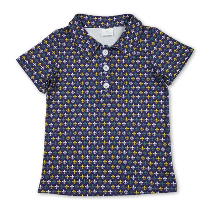 Purple Green Yellow Short Sleeves Boys Mardi Gras Polo Shirt