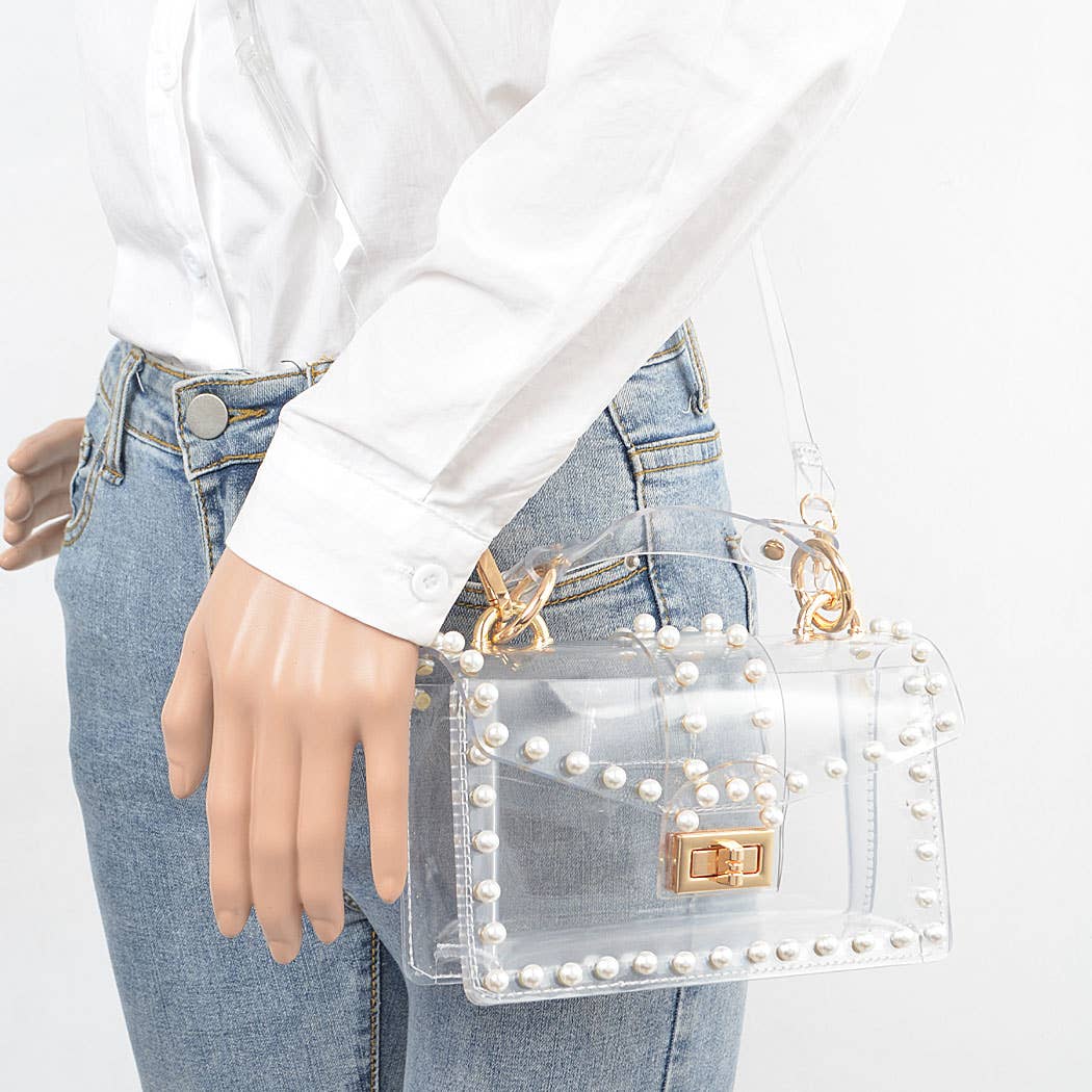 Transparent Single Handle Clutch W/Faux Pearl
