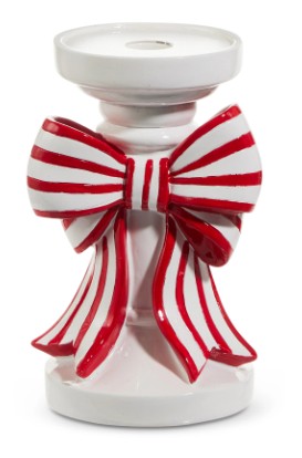 10" Red and White Stripe Bow Candle Holders