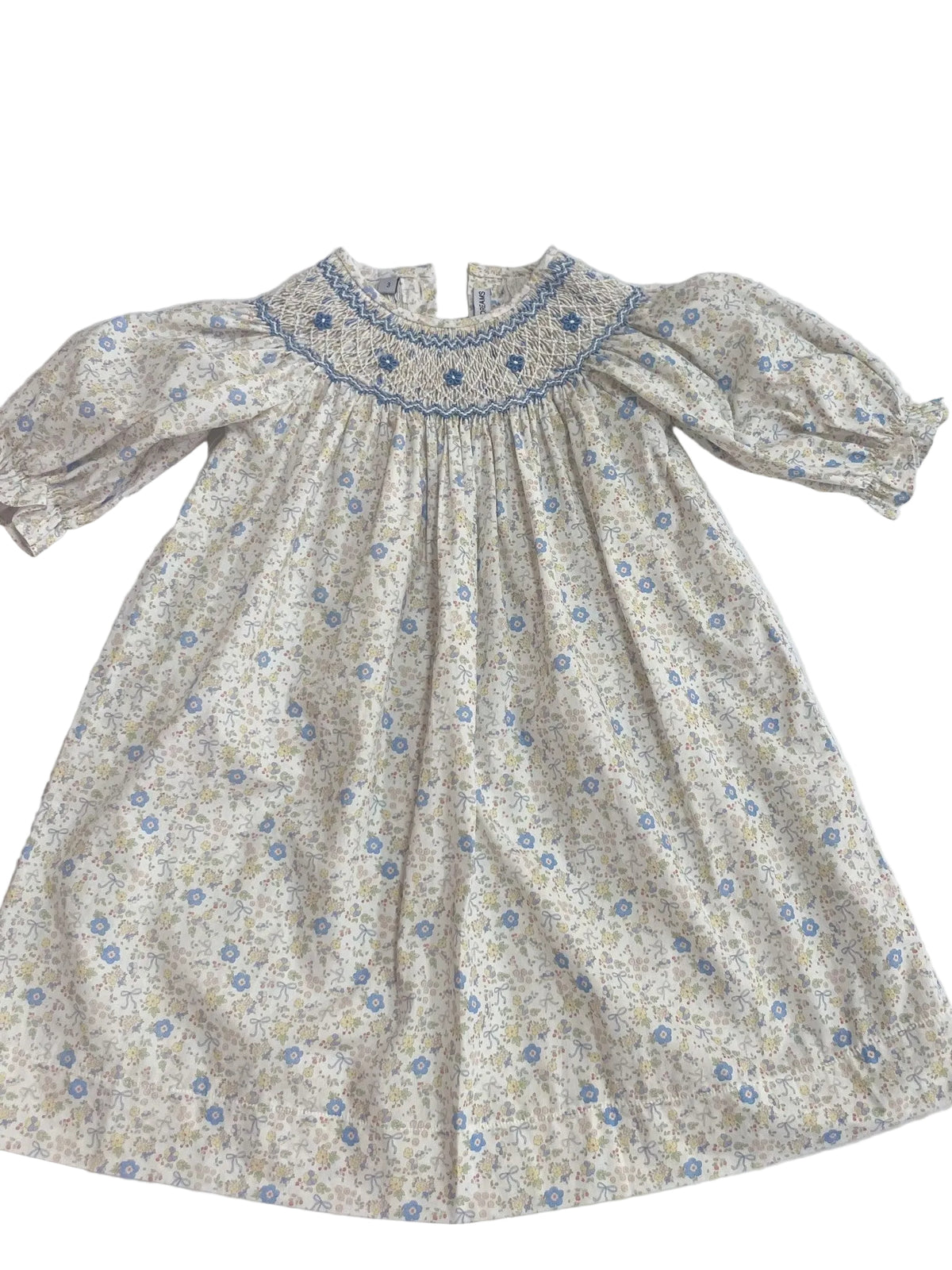 Ashley Blue/Yellow Bow Floral Print Smocked Dress