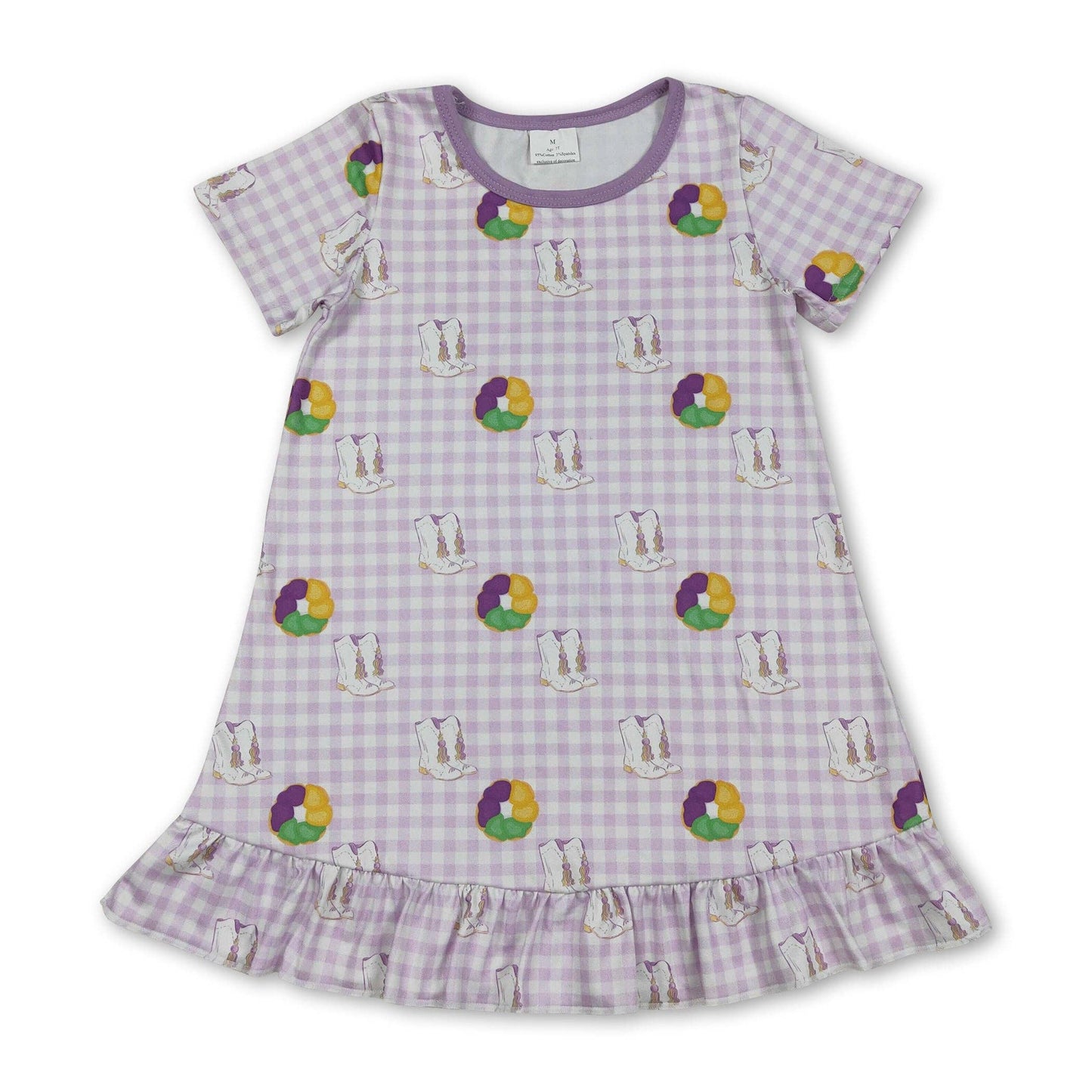 Plaid Purple Yellow Green Donut Boots Girls Mardi Gras Dress