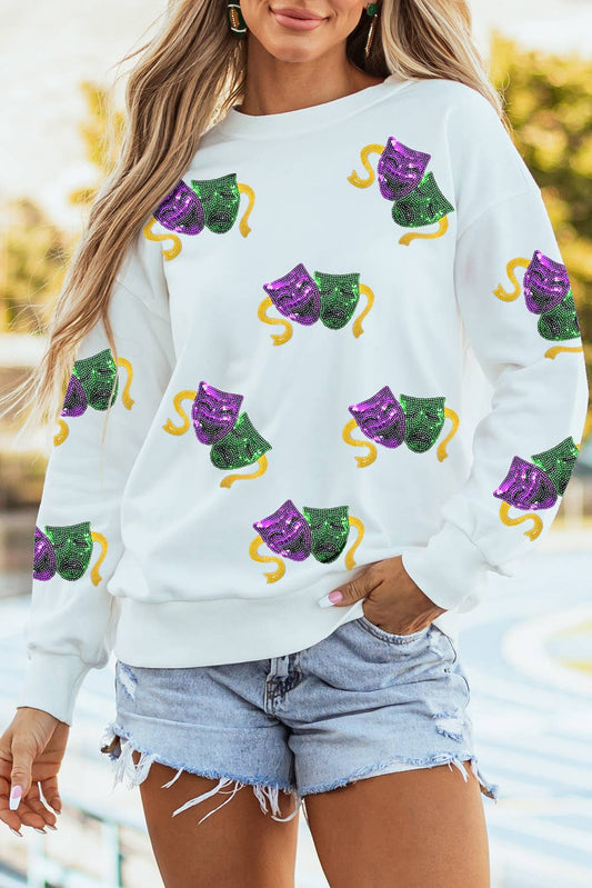 LDC Sequined Mardi Gras Mask Pattern Sweatshirt