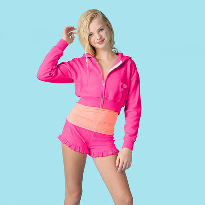 Hot Pink Terry Cropped Zip-Up Shirt