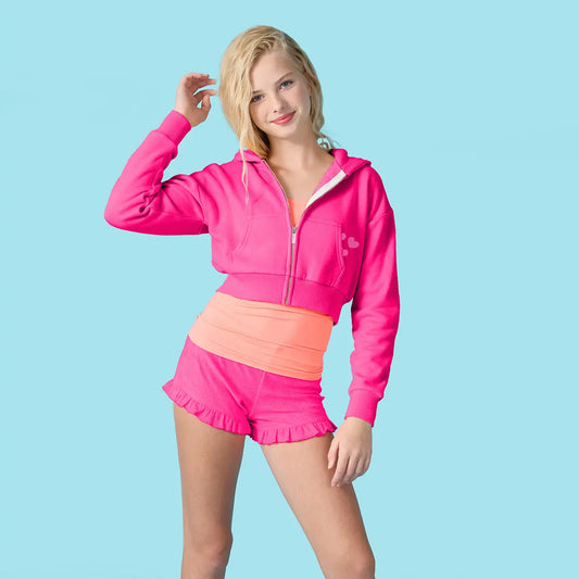 Hot Pink Terry Cropped Zip-Up Shirt