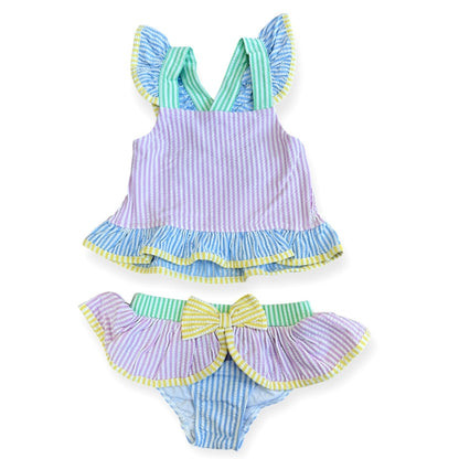 2 Piece Multi Stripe Ruffle Girl Swimsuit