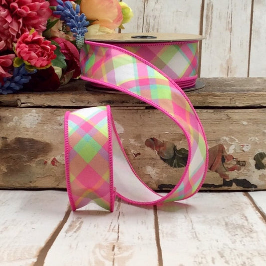 1.5" x 10yds Poplin Spring Plaid Diagonal- Pink Green White