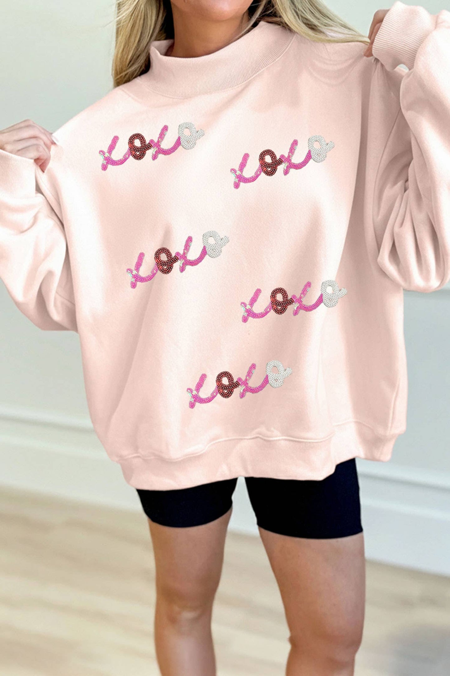 LDC Sequin XOXO Valentines Day Mock Neck Sweatshirt