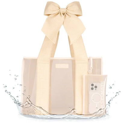 Ecru Raffia Jelly Bow Tote Bag w/ Phone Pouch