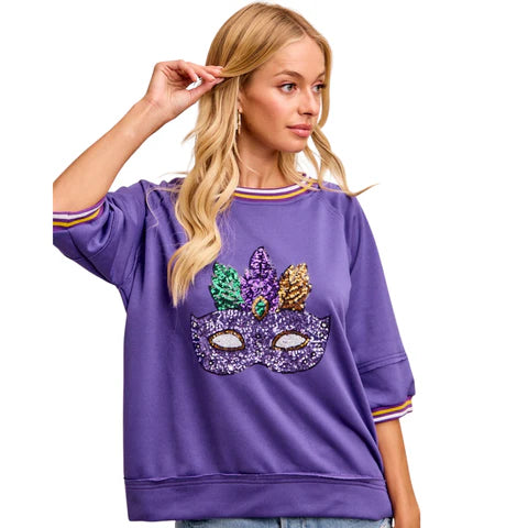Mardi Gras Sequin Mask Patched Short Sleeve Top