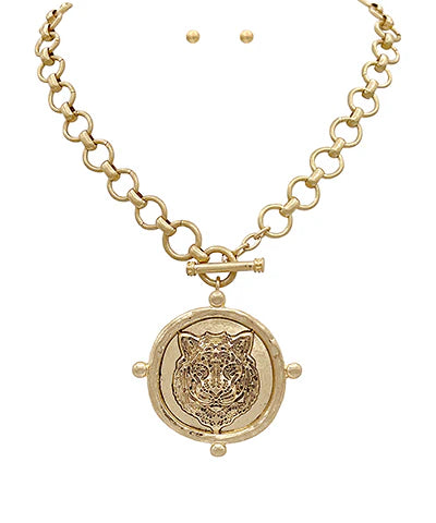 Tiger Head Medallion Necklace with Gold Ball Earrings