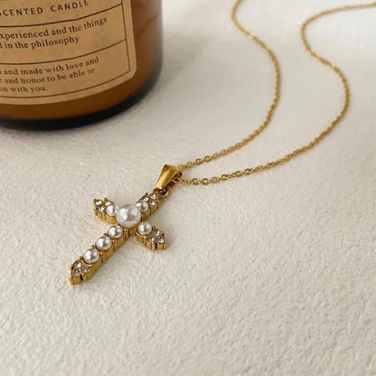 Pearl-Studded Cross Necklace