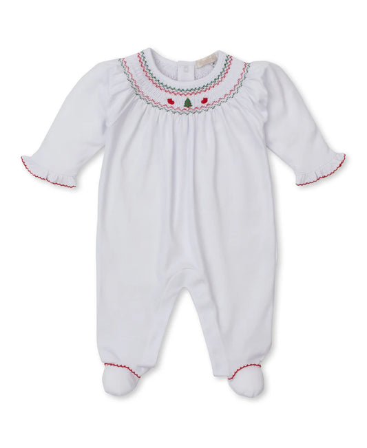 Kissy Kissy CLB Holiday Medley 25 Christmas Tree White Hand Smocked Footie