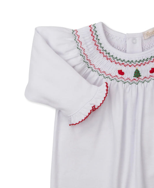 Kissy Kissy CLB Holiday Medley 25 Christmas Tree White Hand Smocked Footie