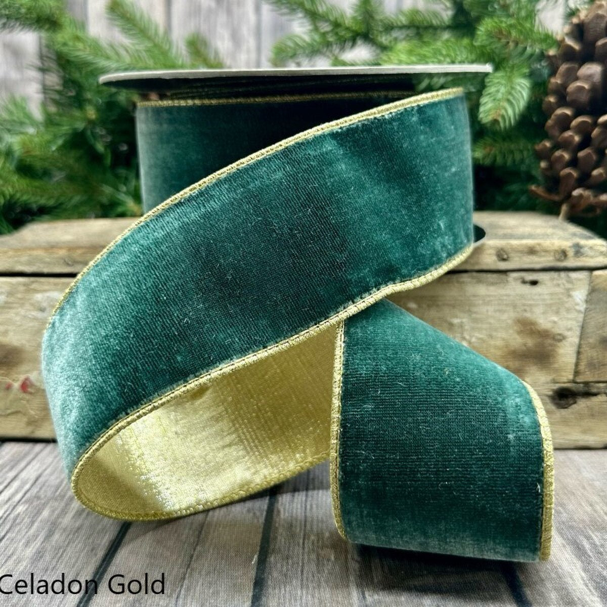 2.5" x 10yds Lush Velvet Celadon Dupion Back Ribbon, Celadon