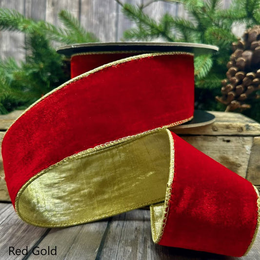 2.5" Lush Velvet Metallic Light Gold Back Ribbon, Red