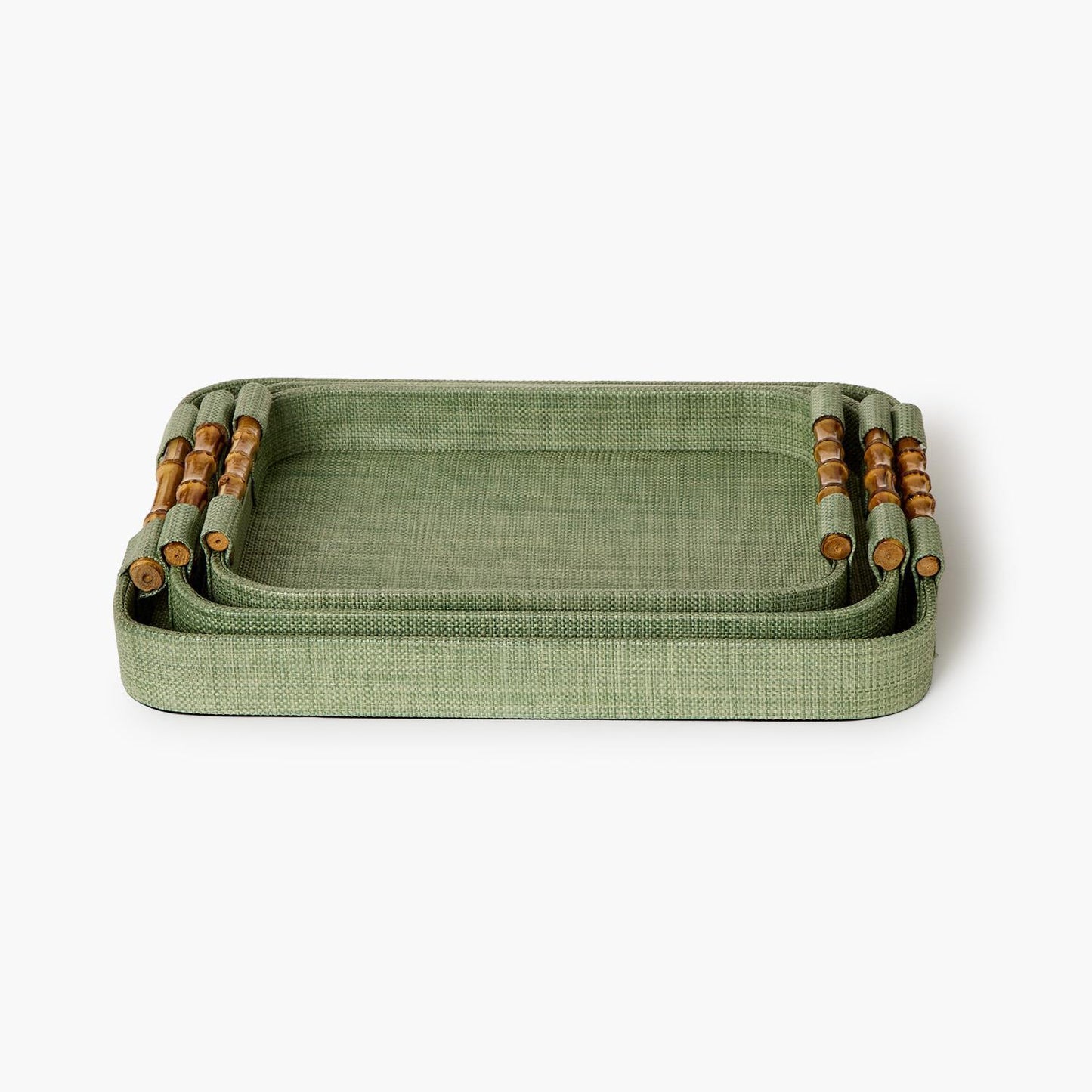 Monaco Green Faux Seagrass Decorative Rectangle Tray with Oval Corner & Bamboo Handles