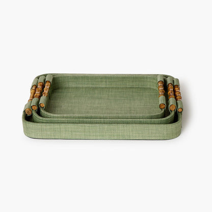 Monaco Green Faux Seagrass Decorative Rectangle Tray with Oval Corner & Bamboo Handles