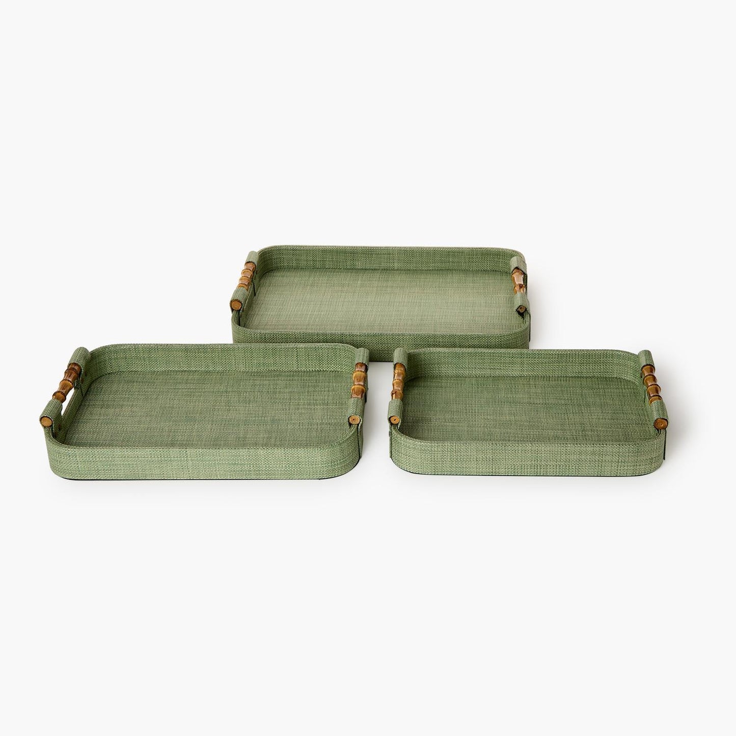 Monaco Green Faux Seagrass Decorative Rectangle Tray with Oval Corner & Bamboo Handles