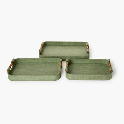 Monaco Green Faux Seagrass Decorative Rectangle Tray with Oval Corner & Bamboo Handles