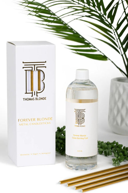 Forever Blonde Metal Candlestick + Oil & Etched Glass Vase