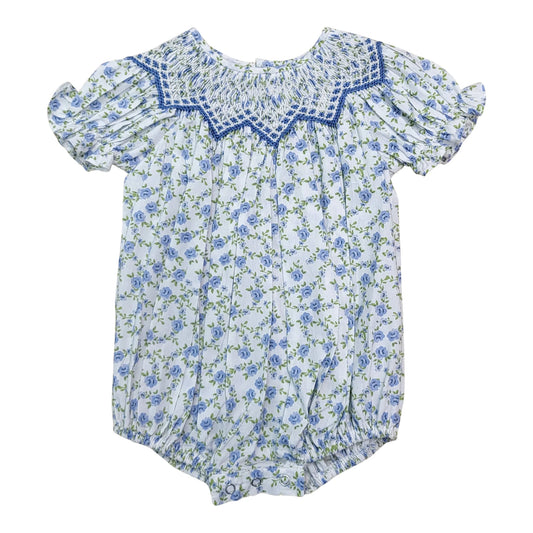 Jessica Blue Floral Print Smocked Bubble