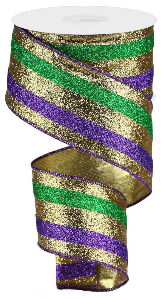 2.5" X 10 Yd Mardi Gras Full Glitter Stripe Ribbon