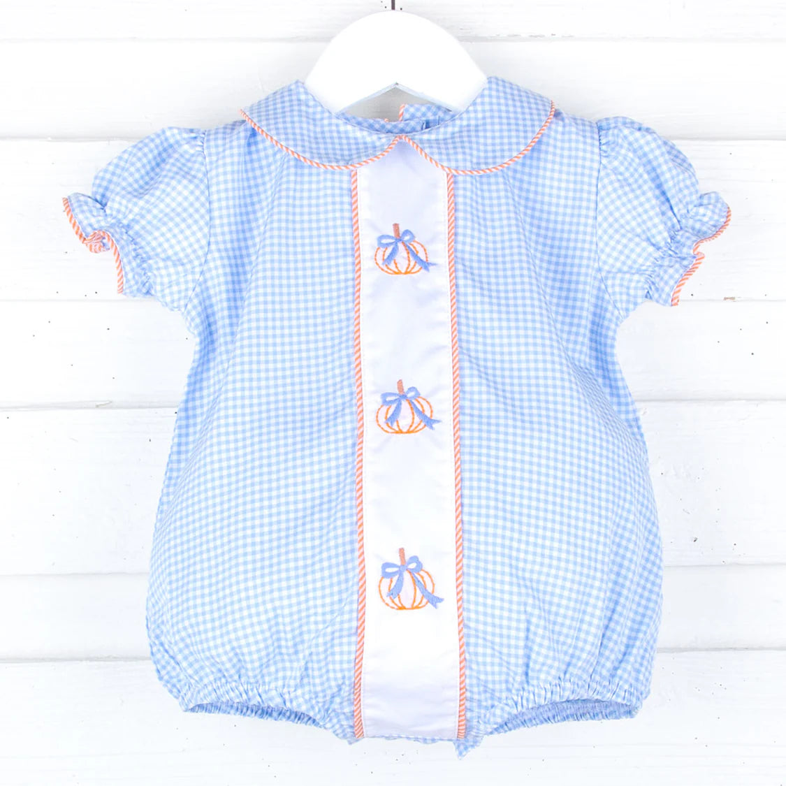 Blue Gingham Embroidered Pumpkin Bow Bubble