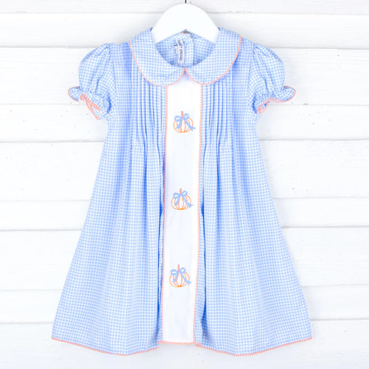 Blue Gingham Embroidered Pumpkin/Bow Dress