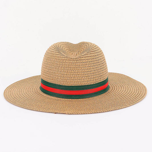 Straw Fedora Hat with Red & Green Band