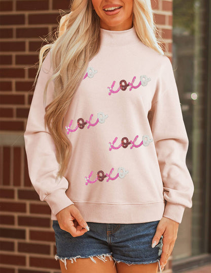 LDC Sequin XOXO Valentines Day Mock Neck Sweatshirt