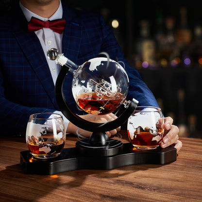 Rotating Whiskey Decanter Globe Set with 2 Glasses