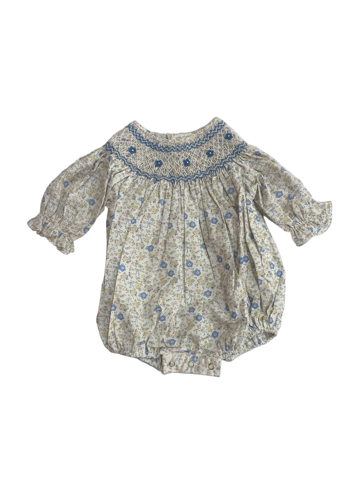 Ashley Blue/Yellow Bow Floral Print Smocked Bubble