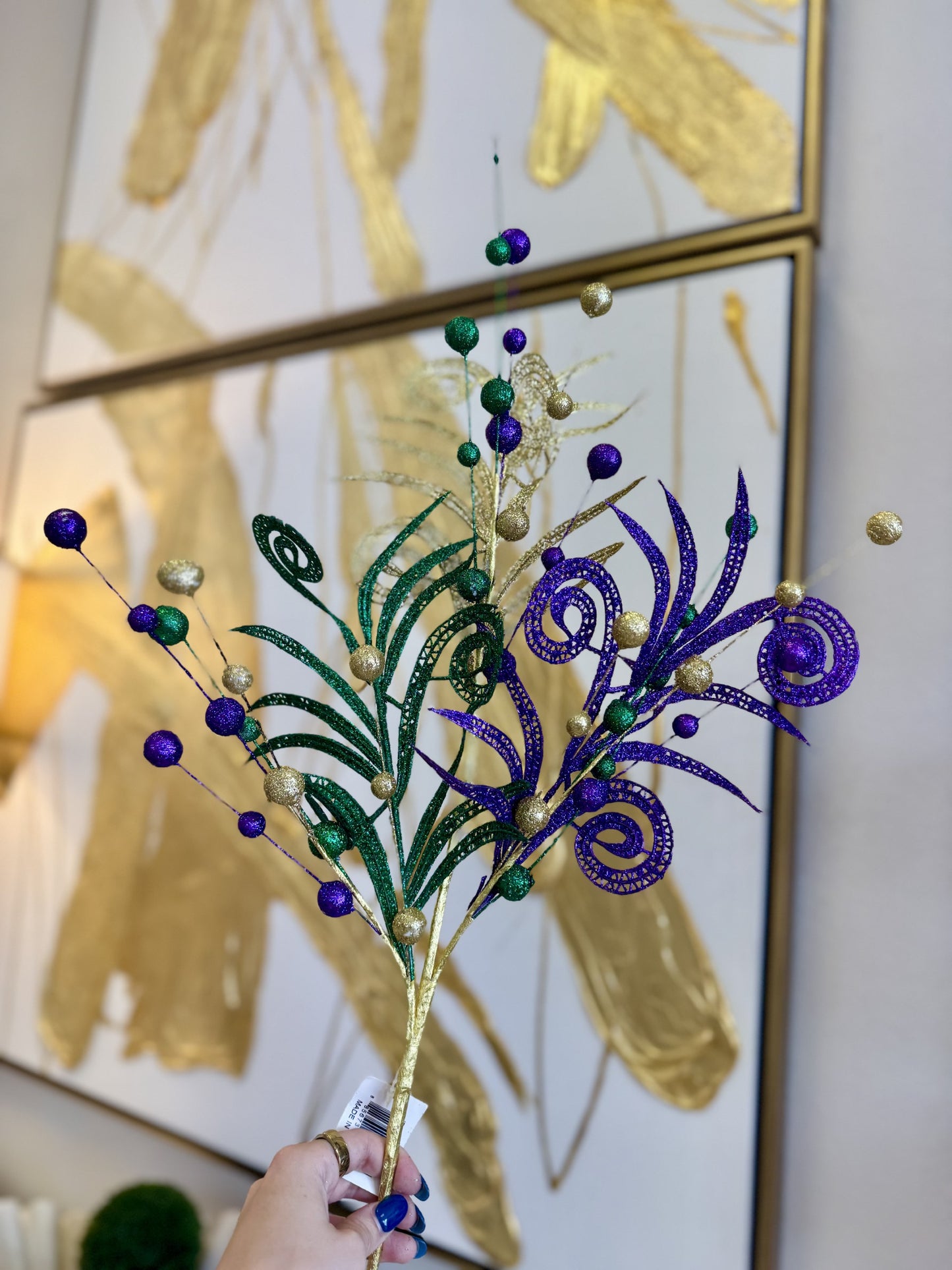 Glitter Mardi Gras Filigree Leaf Ball Spray