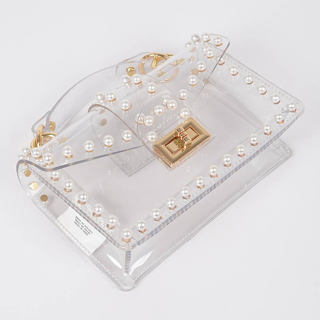 Transparent Single Handle Clutch W/Faux Pearl