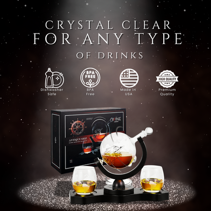 Rotating Whiskey Decanter Globe Set with 2 Glasses