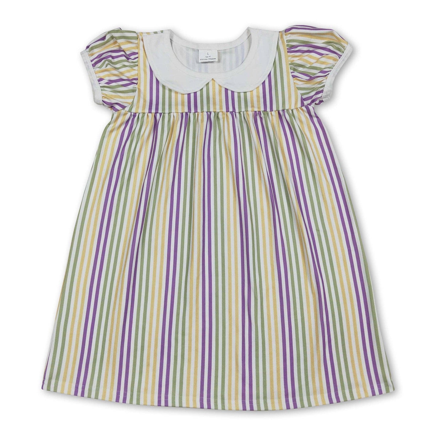 Yellow Green Purple Stripe Girls Mardi Gras Short Sleeve Dress