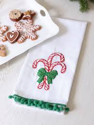 Embroidered Candy Cane Tea Towel