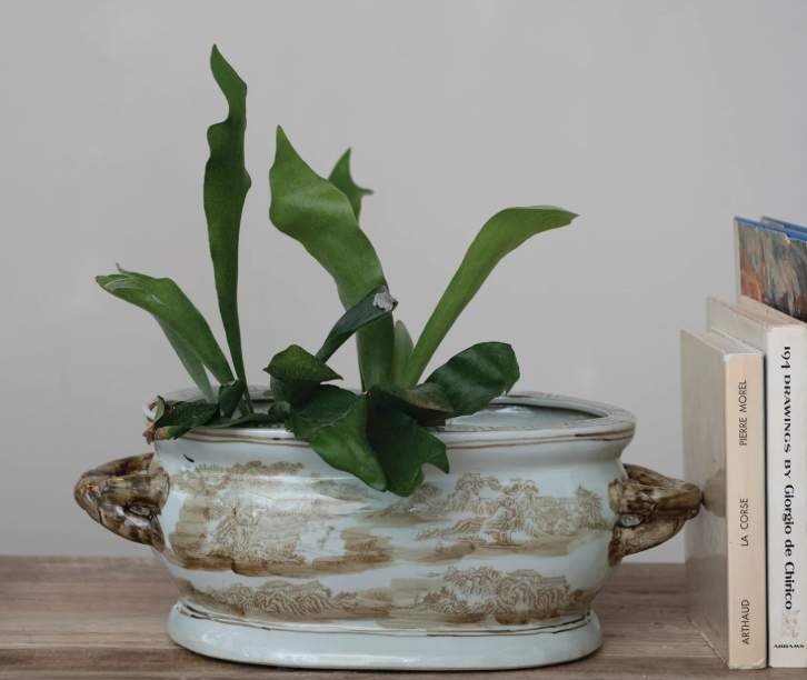 Hand-Painted Stoneware Vintage Reproduction Planter with Landscape