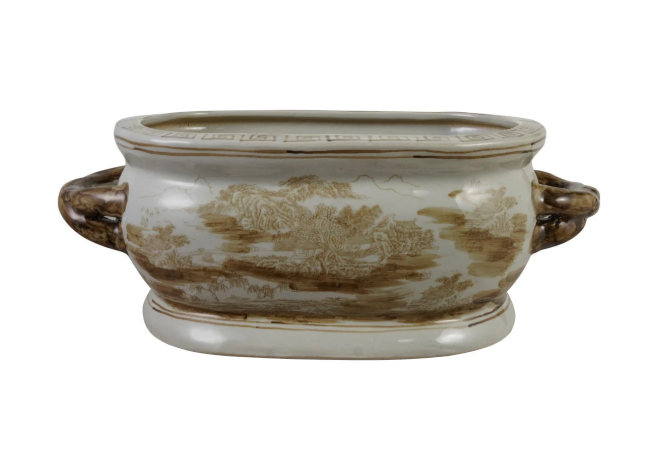 Hand-Painted Stoneware Vintage Reproduction Planter with Landscape