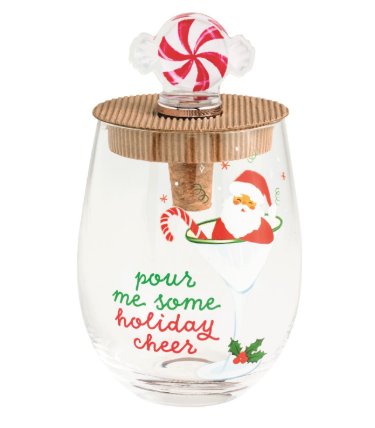Holiday Cheer Santa Wine Glass & Stopper Set