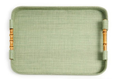 Monaco Green Faux Seagrass Decorative Rectangle Tray with Oval Corner & Bamboo Handles
