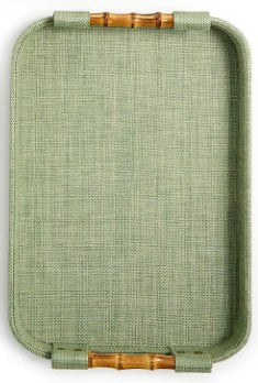 Monaco Green Faux Seagrass Decorative Rectangle Tray with Oval Corner & Bamboo Handles