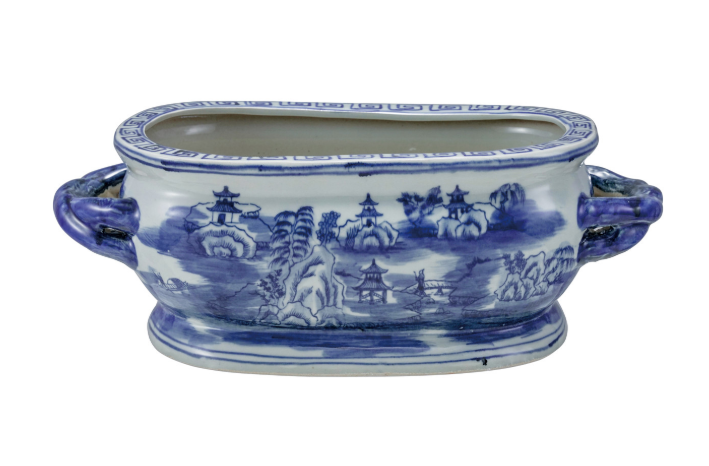 17.5"L x 7"H Oval Stoneware Planter w/ Landscape & Handles