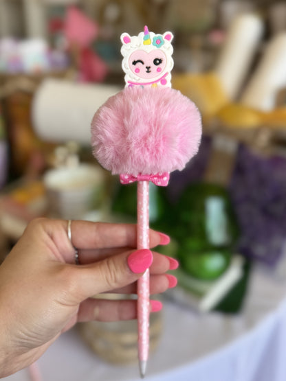 Cute novelty pen featuring a winking llama with a unicorn horn and pink fluff ball