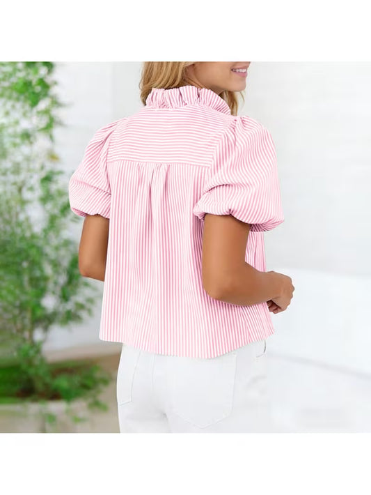 Pink and White Striped Puff Sleeve Top